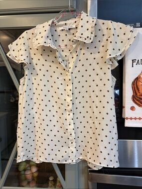 Rose & Olive Brown Cream Button-Front Polka Dot Ruffle Sleeve Top XS NWOT